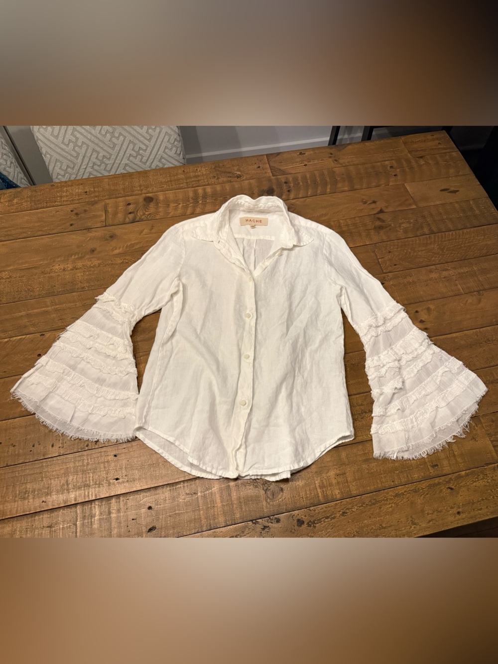 women’s Italian luxury brand Hache white linen blouse size small, flared sleeves